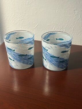 Decorative Glass Candle Holder - Blue & white fish design